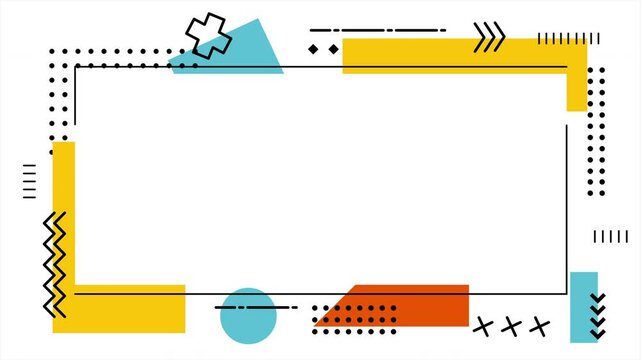 Memphis frame border loop animation. Memphis frame border for adding a pop of color and geometric flair to design projects like flyers, posters, social media graphics.