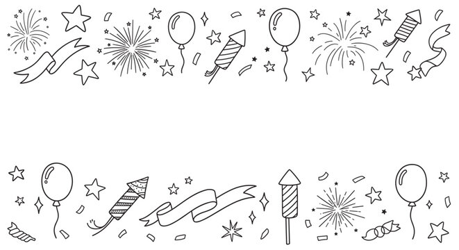 A hand-drawn black and white doodle border with festive celebration elements like fireworks, balloons, and stars, creating a frame on a clean white background for a party invitation - Powered by Adobe