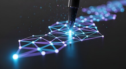 Close-up of a high-tech digital pen creating a glowing interconnected network of geometric shapes on a dark surface, illustrating innovation and technology concepts