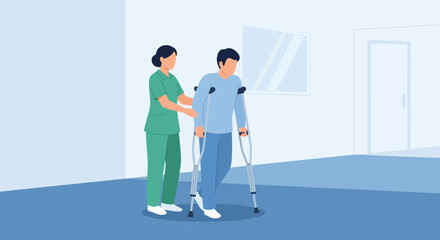 Hospital Rehabilitation: Nurse Assisted Patient Walks with Cruches After Injury