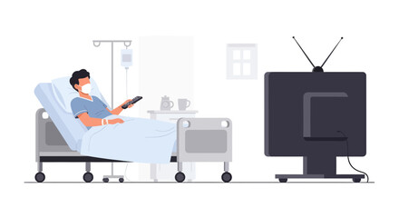Fototapeta premium Hospitalized Patient Watching Television, Healthcare Illustration with Minimalist Design