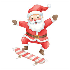 Watercolor Santa Claus Riding Skateboard Vector Illustration, Isolated on White Background
