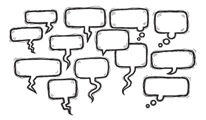 Obraz premium A set of various empty speech and thought bubbles with a rough, hand-drawn sketch texture, isolated on a white background for representing dialogue, ideas, or conversation