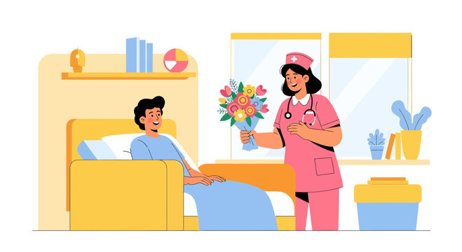 Kind Nurse Offering Flowers To Patient, Promoting Compassion And Speedy Recovery In Hospital