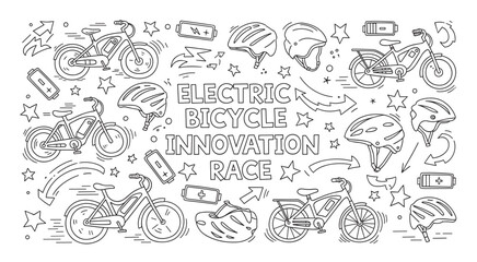 Hand-drawn doodle illustration about electric bicycle innovation, featuring e-bikes, safety helmets, and batteries in a black and white line art style for a sustainable transport concept