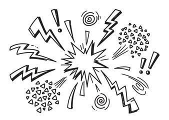 A hand-drawn set of black and white comic book explosion elements, including lightning bolts, exclamation marks, and spirals, isolated on a plain white background