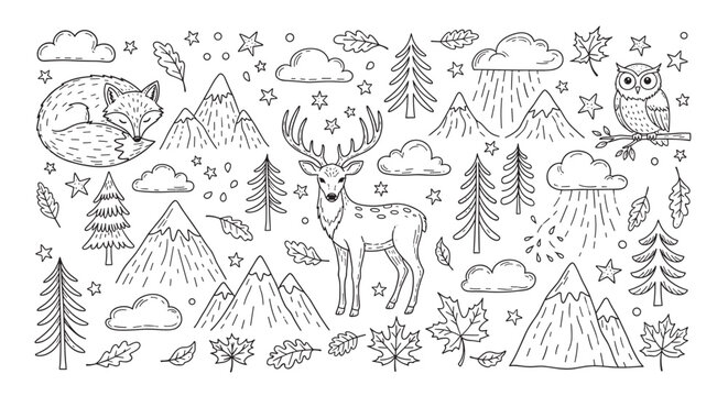 A charming collection of hand-drawn forest animals and nature elements, including a deer, fox, owl, mountains, and trees, in a cute black and white doodle line art style