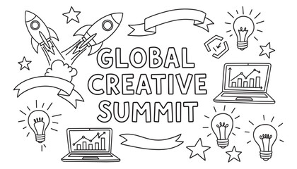 A hand-drawn doodle illustration for a creative business summit featuring rockets, light bulbs, and laptops with graphs, representing innovation, ideas, and growth concepts