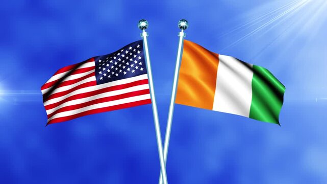 USA and Ivory Coast Flag Waving On Pole Loop