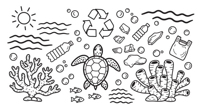 Environmental concept illustration with hand-drawn doodles of a sea turtle, marine life, and plastic waste in the ocean, highlighting the need for recycling and conservation