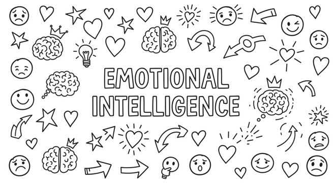 A hand-drawn doodle illustration about emotional intelligence, featuring icons of brains, hearts, and emoticons to represent psychology, feelings, and self-awareness