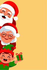 Santa, Mrs. Claus, and elf smiling with gift against yellow background, copy space