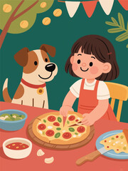 Girl With A Dog Eating Pizza Illustrator Artwork Design Template Poster