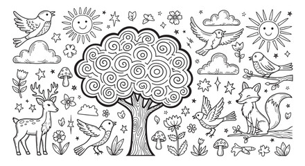 Naklejka premium A charming collection of hand-drawn woodland animals and nature elements like a tree, fox, deer, and birds in a whimsical black and white doodle style for coloring