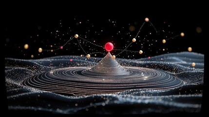 A dynamic abstract scene depicts a central red sphere atop a conical structure, with interconnected golden spheres and dots forming a network against a dark bac