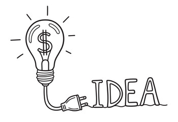 Creative doodle of a shining light bulb with a dollar symbol, its electric cord and plug forming the word idea, representing a profitable business concept or innovation