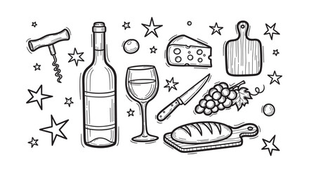 A charming hand-drawn doodle set of wine tasting elements including a bottle, glass, cheese, grapes, and bread, perfect for a gourmet food or restaurant menu illustration