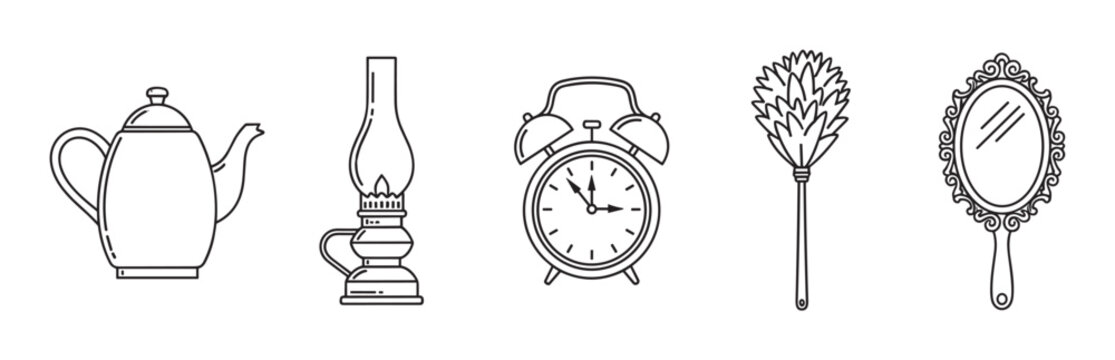 A set of vintage household items including a teapot, oil lamp, alarm clock, feather duster, and hand mirror, illustrated in a clean black and white line art style