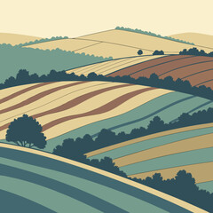 Rolling hills landscape with fields and trees in warm and cool colors
