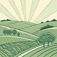 Idyllic green landscape with rolling hills, trees, and sun rays shining