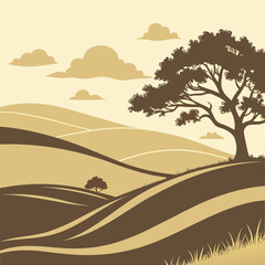 Rolling hills landscape with trees and clouds in a vintage color palette