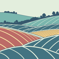 Colorful rolling hills landscape with fields and trees in various colors