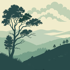 Green hills landscape with trees and clouds, vector illustration isolated on