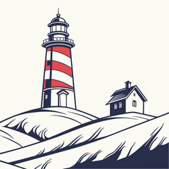 Lighthouse on a hill with a house, vector illustration isolated on