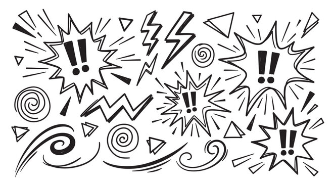 Expressive black ink sketch illustration with a variety of hand-drawn comic elements like exclamation marks, lightning bolts, and swirls, creating a dynamic and energetic pattern
