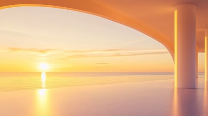 Fototapeta premium 87.A beautiful sunrise at Destin, Florida, with soft yellow light spilling over the horizon. The sky is tinged with pale golden and amber hues, while the early morning light casts a peaceful glow