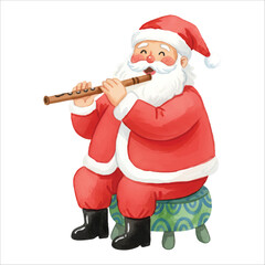 Watercolor Santa Claus Musician Playing Flute Vector Illustration, Isolated on White Background
