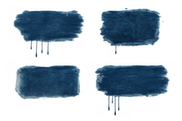 Four dark blue abstract paint strokes with distressed texture and dripping paint effects on a transparent background
