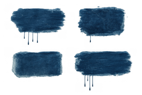 Four dark blue abstract paint strokes with distressed texture and dripping paint effects on a transparent background