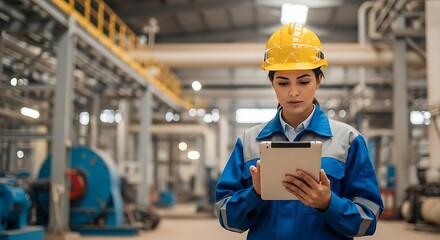 Worker in protective gear analyzing workflow in factory