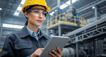 Industrial engineer with tablet in advanced production plant