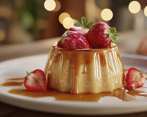 Caramel flan dessert creamy custard strawberry topping sweet sauce close up warm bokeh indulgent mood rustic plate
