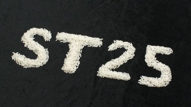 Top view 4K loop of "ST25" text, made from raw Vietnamese rice grains. The scene rotates slowly on a minimal black background. Conceptual video for premium food and agriculture.