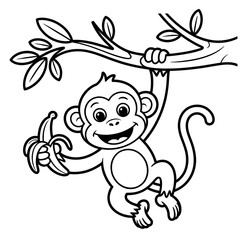 Cute Monkey Eating Banana Coloring Page Cartoon Line Art
