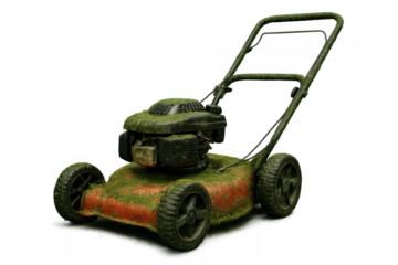 Old self-propelled lawn mower covered in grass and dirt, showing wear and tear, isolated on transparent background