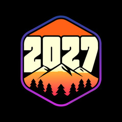 2027 year badge with mountain and forest silhouette