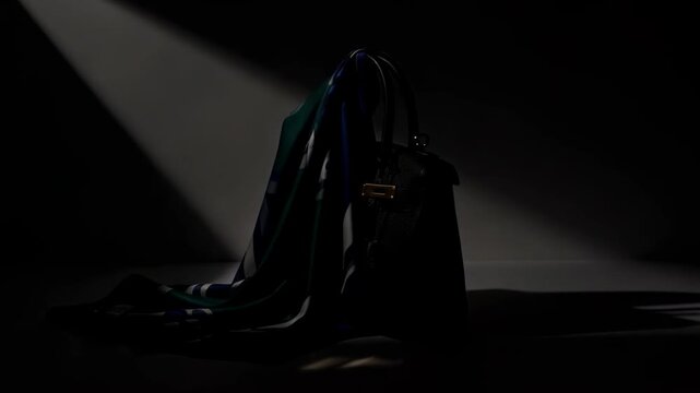 Elegant Black Leather Handbag with Silk Scarf in Dramatic Lighting