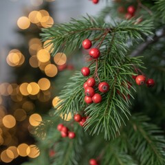 Christmas Fir Branch with Red Berries and Golden Bokeh Lights. F