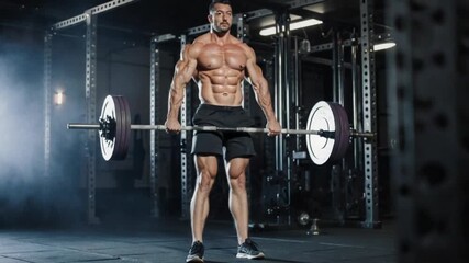 A muscular man lifts a heavy barbell during an intense workout session in a smoky gym.