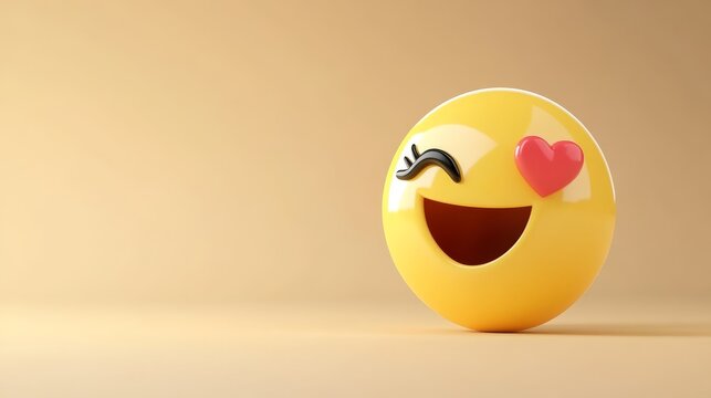 41.A 3D yellow glossy smile emoji with love heart eyes, offering a vibrant and cheerful expression. The smooth, reflective surface of the emoji adds depth and realism, while the heart eyes evoke