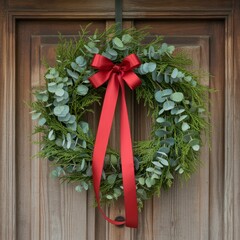 Christmas Wreath with Red Bow and Eucalyptus on a Wooden Door. F