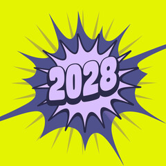 2028 comic style burst with rays year future