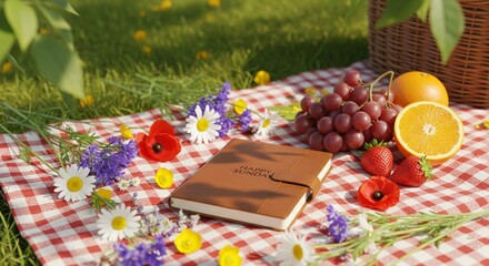 Soft grass picnic scene under dappled sunlight