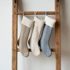 Cozy Knitted Christmas Stockings Hanging on a Rustic Wooden Ladd
