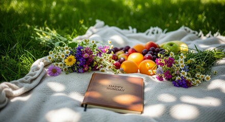 Dappled light picnic still life with flowers and fruit