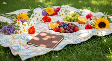 Picnic blanket with flowers, fruit, and journal